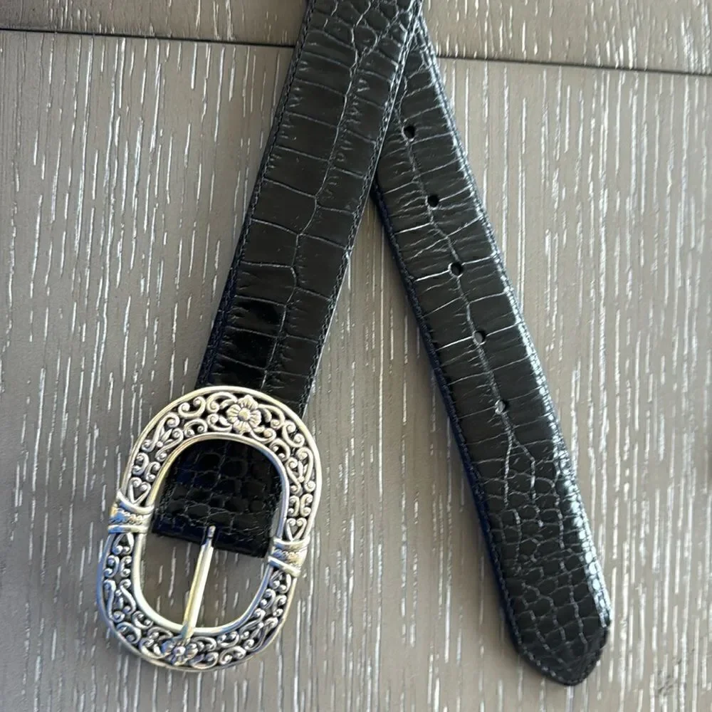 Croc Embossed Black Leather Belt Oval Ornate Silver Tone Buckle Women’s Size XL